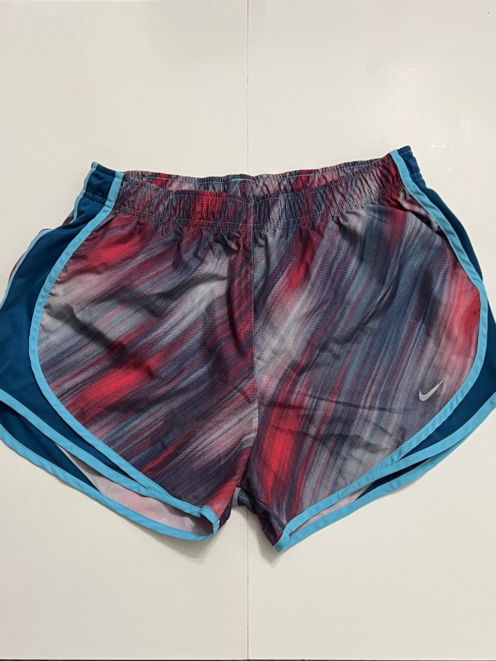 Women's Teal Blue Cross Watercolored Dri Fit Nike Tempo Shorts Size Large